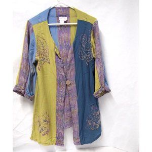 Soft Surroundings Womens Cardigan M Top Artsy Boho Colorful 1 Button 3/4 Sleeve